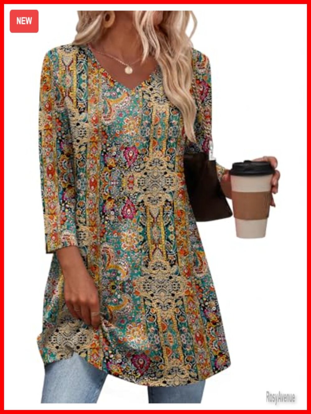 Womens Tunic Top Loose Fit 3/4 Sleeve V Neck Dressy T Shirt Spring